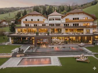 Hotel al Plan de Corones con spa: vacanza à la Christoph Hotel moderno ai piedi di colline boschive con piscina esterna e lettini