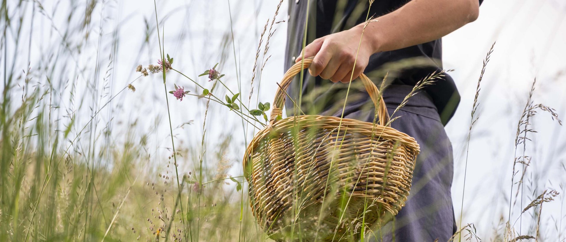 Nachhaltigkeit – ein Christoph-Wert Person hält einen Korb in einem hohen Grasfeld mit Blumen