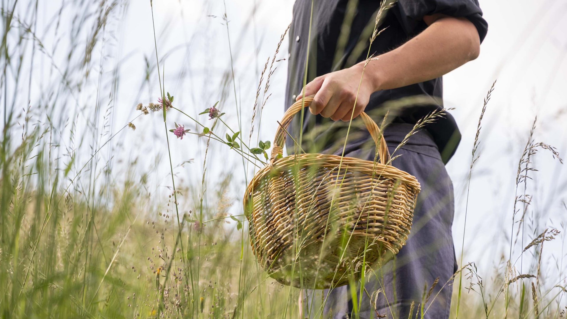 Hotel 4 stelle in Val Pusteria: sostenibile per natura Persona con un cesto in una radura con erba alta e fiori