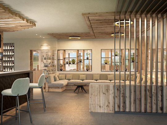 Regionale, alpine Küche im Hotel am Kronplatz in Südtirol Moderner Lounge-Bereich mit Barhockern und Ecksofa aus Holz