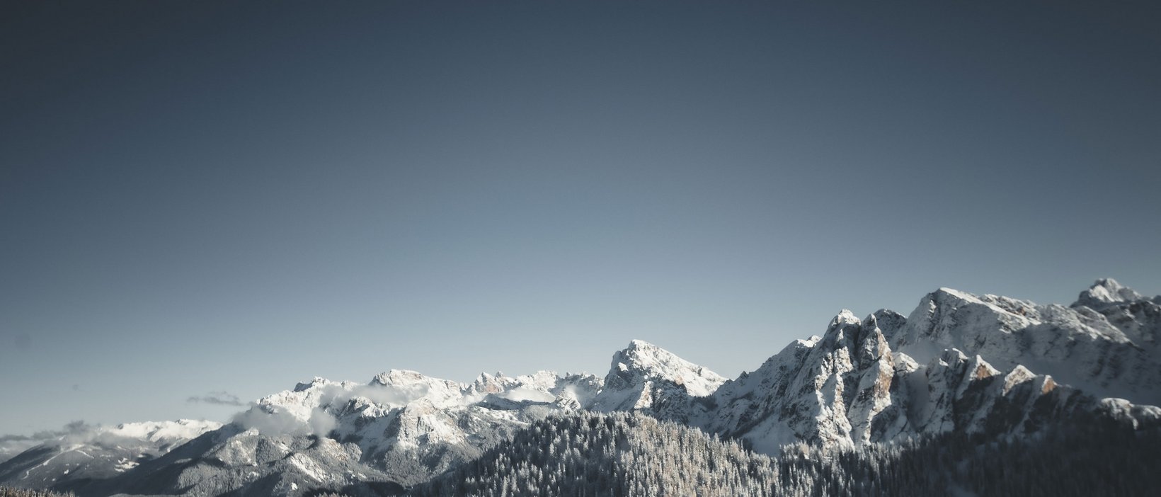 Traum-Dolomiten: Unterkunft mit Angeboten und Urlaubspaketen Verschneite Berggipfel und Wald unter klarem Himmel