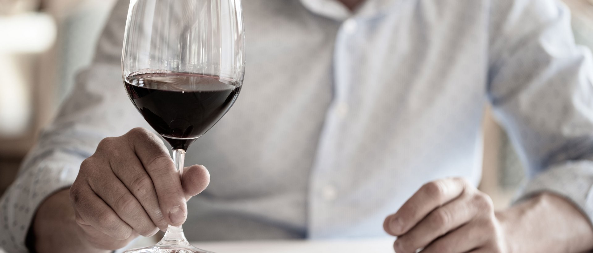 Weinfeste in Südtirol Mann hält ein Glas Rotwein in der Hand, Fokus auf dem Glas