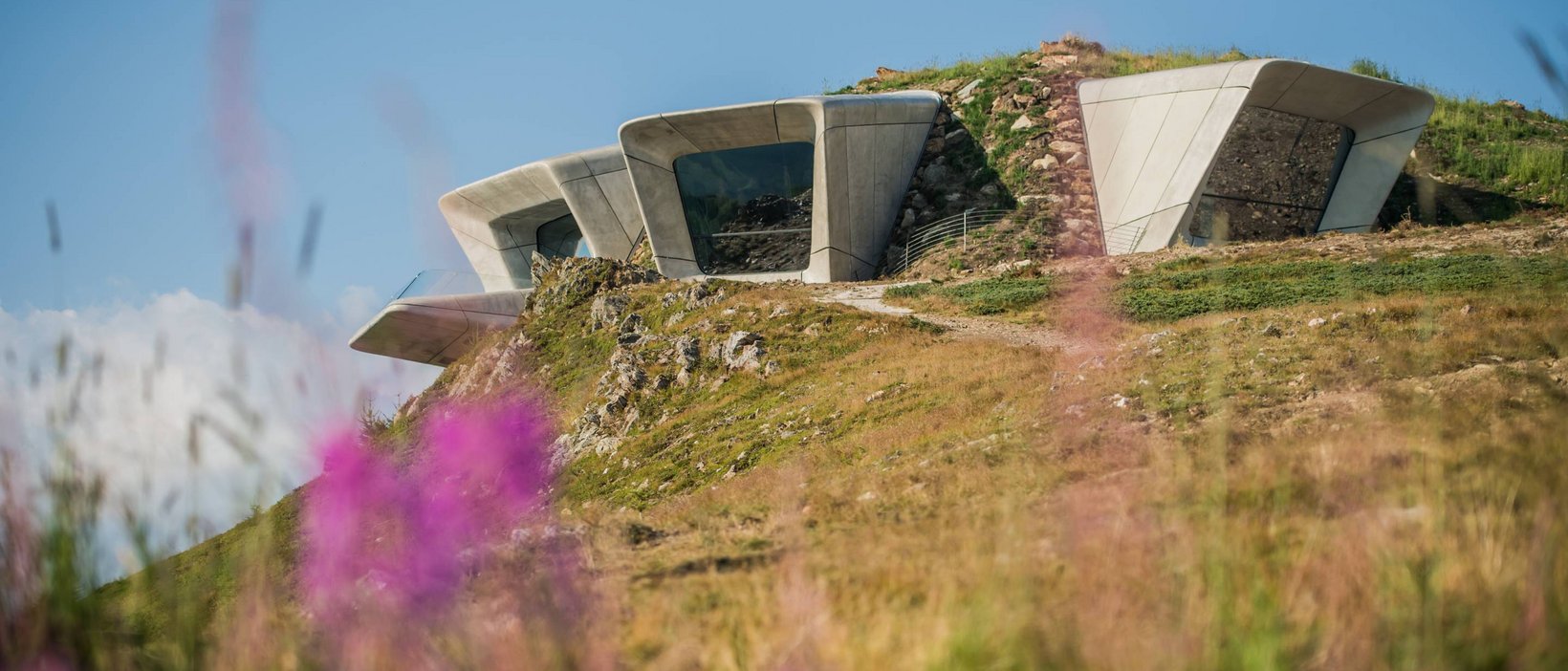 Plan de Corones/Kronplatz up close: your active hotel in South Tyrol Modern mountain cabin with large windows on grassy hill under clear sky