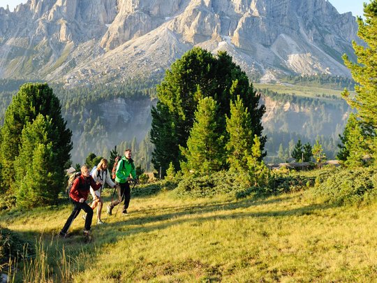 Neuigkeiten unseres Hotels nahe dem Pragser Wildsee Drei Wanderer auf grünem Feld vor felsigem Gebirge und blauem Himmel