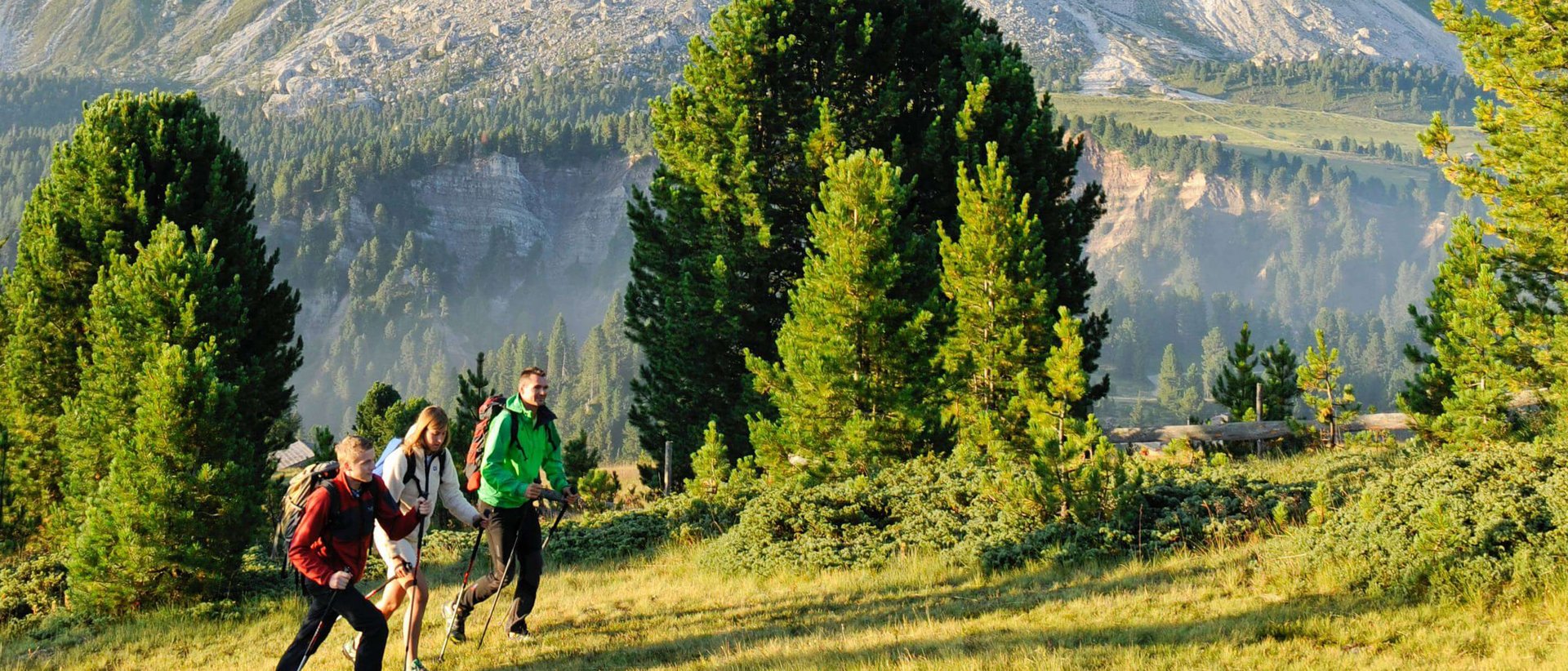 Die schönsten Wanderungen im Pustertal-Urlaub Drei Wanderer auf grünem Feld vor felsigem Gebirge und blauem Himmel